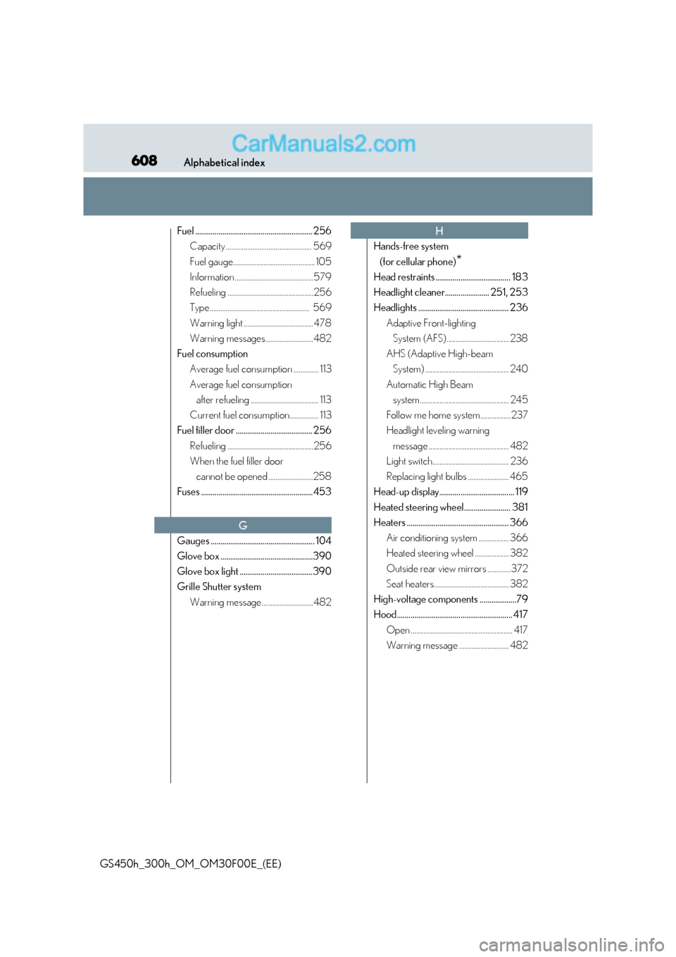 Lexus GS300h 2016 Owners Guide 608Alphabetical index
GS450h_300h_OM_OM30F00E_(EE)
Fuel ............................................................. 256Capacity ................................................ 569
Fuel gauge.......