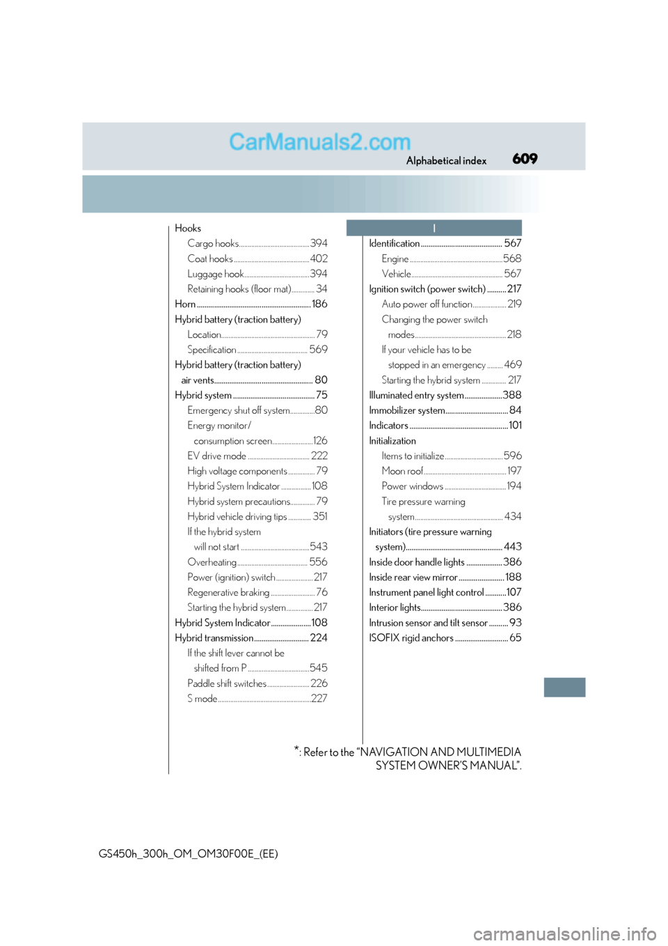 Lexus GS300h 2016  Owners Manual 609Alphabetical index
GS450h_300h_OM_OM30F00E_(EE)
HooksCargo hooks........................................394
Coat hooks ...........................................402
Luggage hook...................