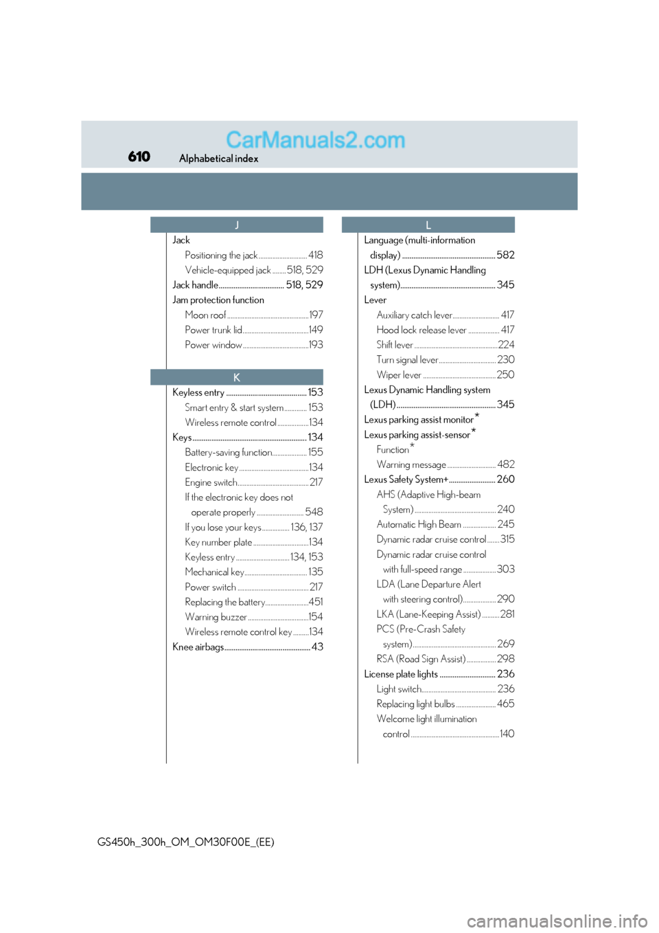 Lexus GS300h 2016  Owners Manual 610Alphabetical index
GS450h_300h_OM_OM30F00E_(EE)
JackPositioning the jack ............................ 418
Vehicle-equipped jack ........ 518, 529
Jack handle................................... 518,