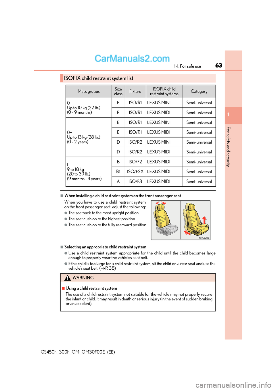 Lexus GS300h 2016  Owners Manual 631-1. For safe use
1
For safety and security
GS450h_300h_OM_OM30F00E_(EE)
■When installing a child restraint system on the front passenger seat
■Selecting an appropriate child restraint system
�