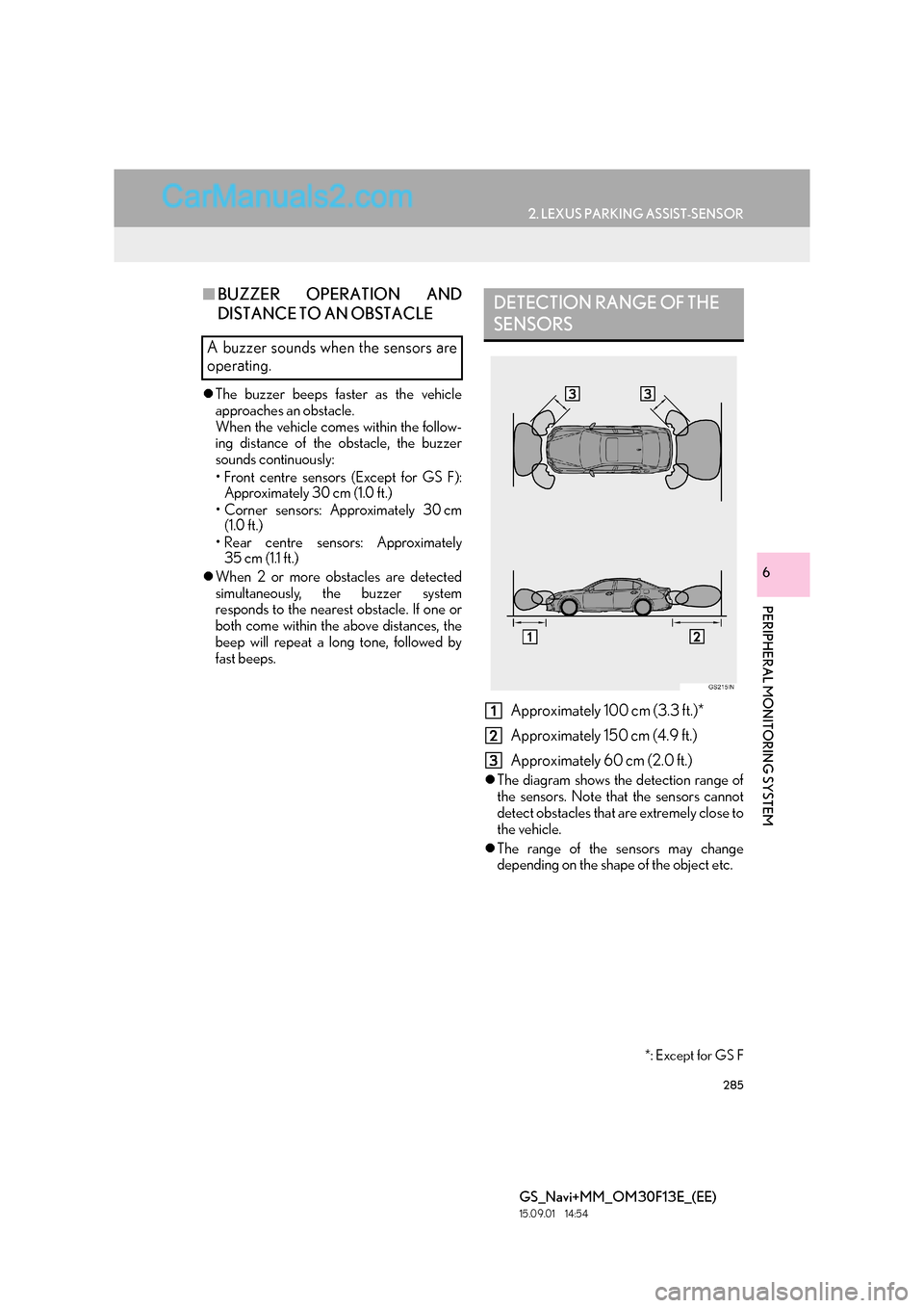 Lexus GS300h 2016  Navigation manual 285
2. LEXUS PARKING ASSIST-SENSOR
PERIPHERAL MONITORING SYSTEM
GS_Navi+MM_OM30F13E_(EE)
15.09.01     14:54
6
■BUZZER OPERATION AND
DISTANCE TO AN OBSTACLE
�zThe buzzer beeps faster as the vehicle
a