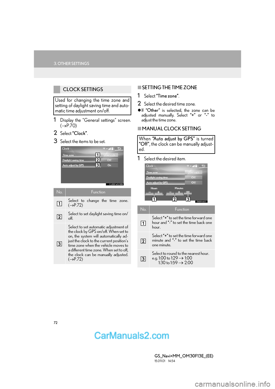 Lexus GS300h 2016  Navigation manual 72
3. OTHER SETTINGS
GS_Navi+MM_OM30F13E_(EE)
15.09.01     14:54
1Display the “General settings” screen.
(→ P.70)
2Select  “Clock” .
3Select the items to be set.
■SETTING THE TIME ZONE
1Se