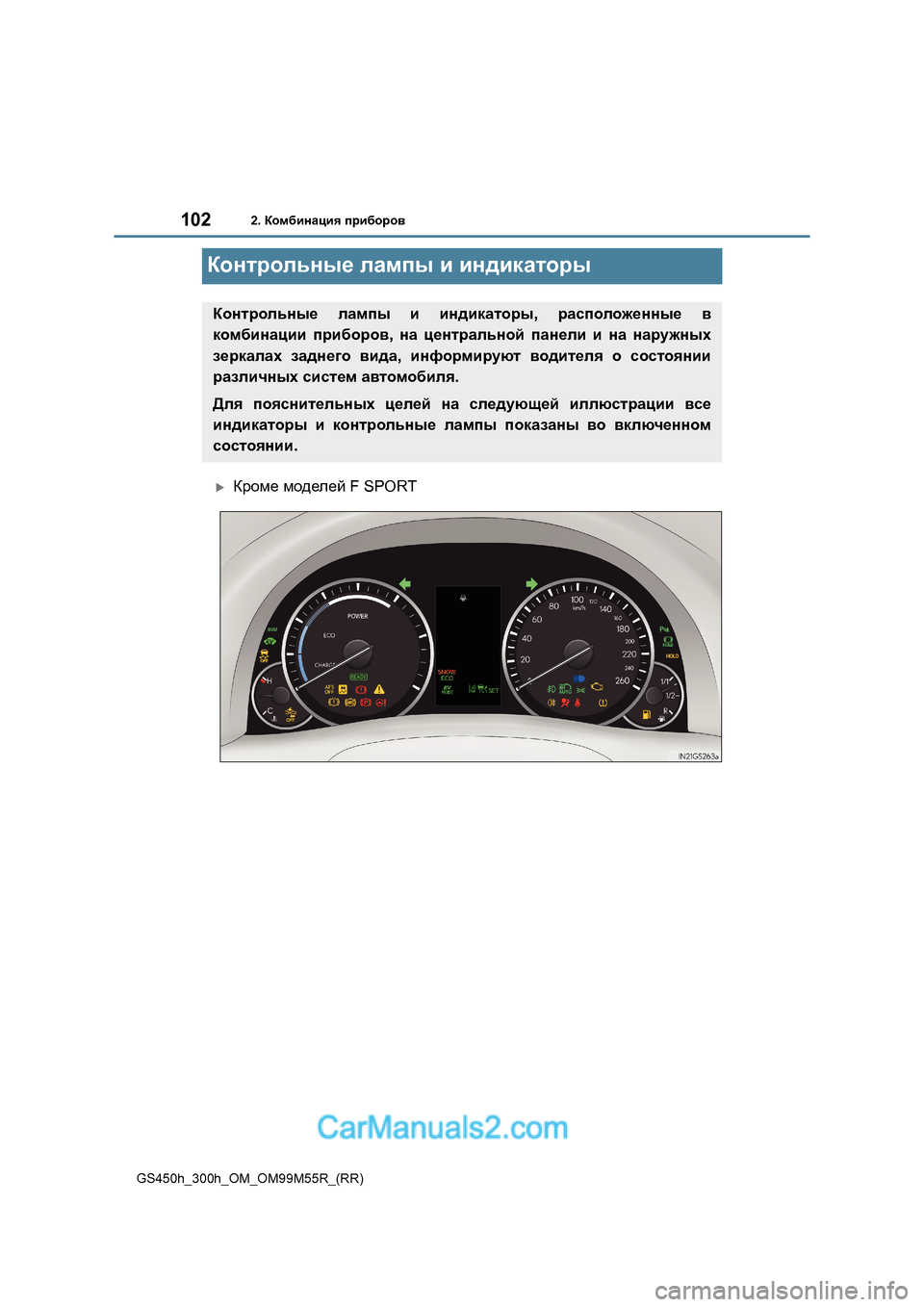 Lexus GS300h 2016  Инструкция по эксплуатации (in Russian) 1022. Комбинация  приборов
GS450h_300h_OM_OM99M55R_(RR)
Контрольные  лампы  и  индикаторы
�XКроме  моделей  F SPORT
Контрольные  л