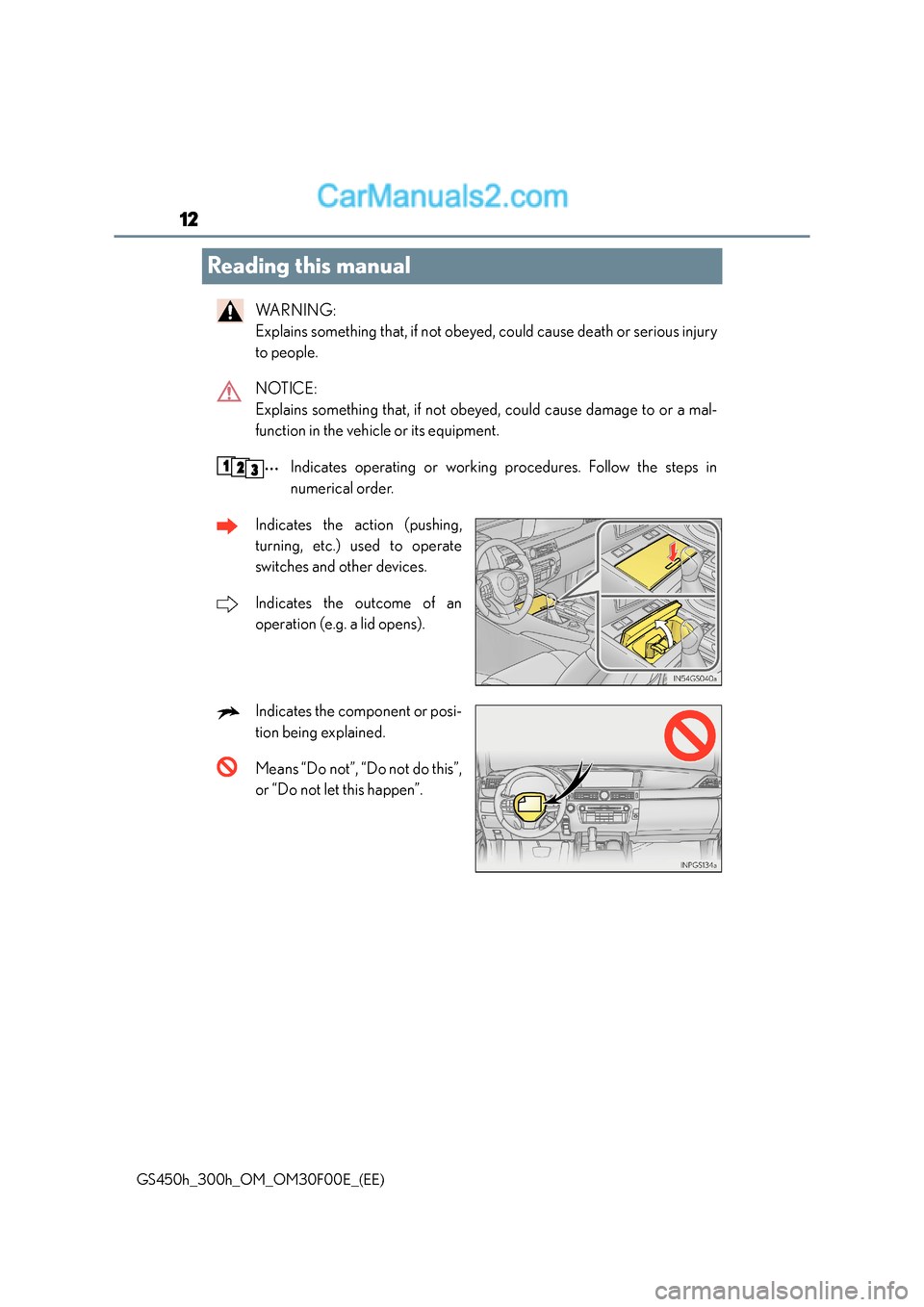 Lexus GS300h 2015 User Guide 12
GS450h_300h_OM_OM30F00E_(EE)
Reading this manual
WA R N I N G :  
Explains something that, if not obeyed, could cause death or serious injury
to people.
NOTICE: 
Explains something that, if not obe