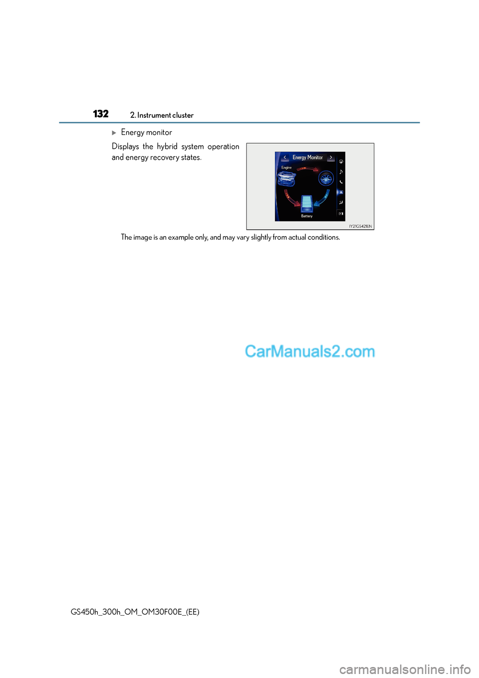 Lexus GS300h 2015  Owners Manual 1322. Instrument cluster
GS450h_300h_OM_OM30F00E_(EE)
�XEnergy monitor
Displays the hybrid system operation
and energy recovery states.
The image is an example only, and may  vary slightly from actual