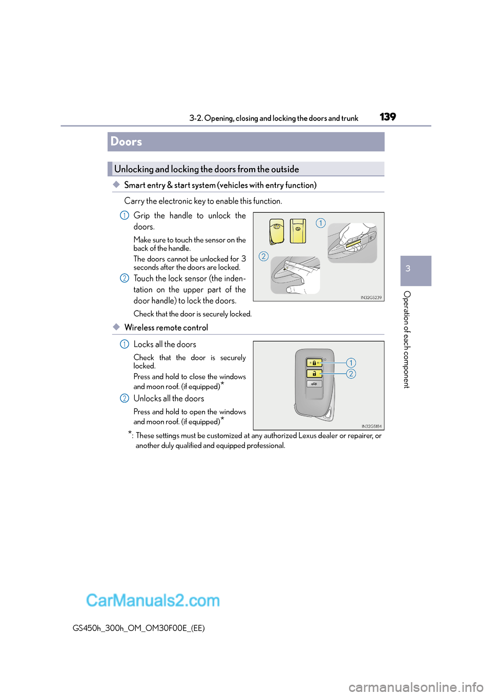 Lexus GS300h 2015 User Guide 139
3
3-2. Opening, closing and locking the doors and trunk
Operation of each component
GS450h_300h_OM_OM30F00E_(EE)
Doors
◆Smart entry & start system (vehicles with entry function)
Carry the electr Lexus GS300h 2015 User Guide 139
3
3-2. Opening, closing and locking the doors and trunk
Operation of each component
GS450h_300h_OM_OM30F00E_(EE)
Doors
◆Smart entry & start system (vehicles with entry function)
Carry the electr
