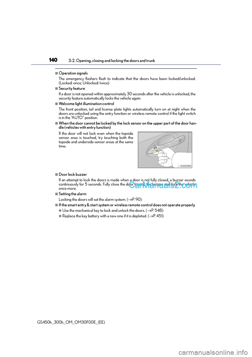 Lexus GS300h 2015 User Guide 1403-2. Opening, closing and locking the doors and trunk
GS450h_300h_OM_OM30F00E_(EE)
■Operation signals
The emergency flashers flash to indicate that the doors have been locked/unlocked.
(Locked: o Lexus GS300h 2015 User Guide 1403-2. Opening, closing and locking the doors and trunk
GS450h_300h_OM_OM30F00E_(EE)
■Operation signals
The emergency flashers flash to indicate that the doors have been locked/unlocked.
(Locked: o