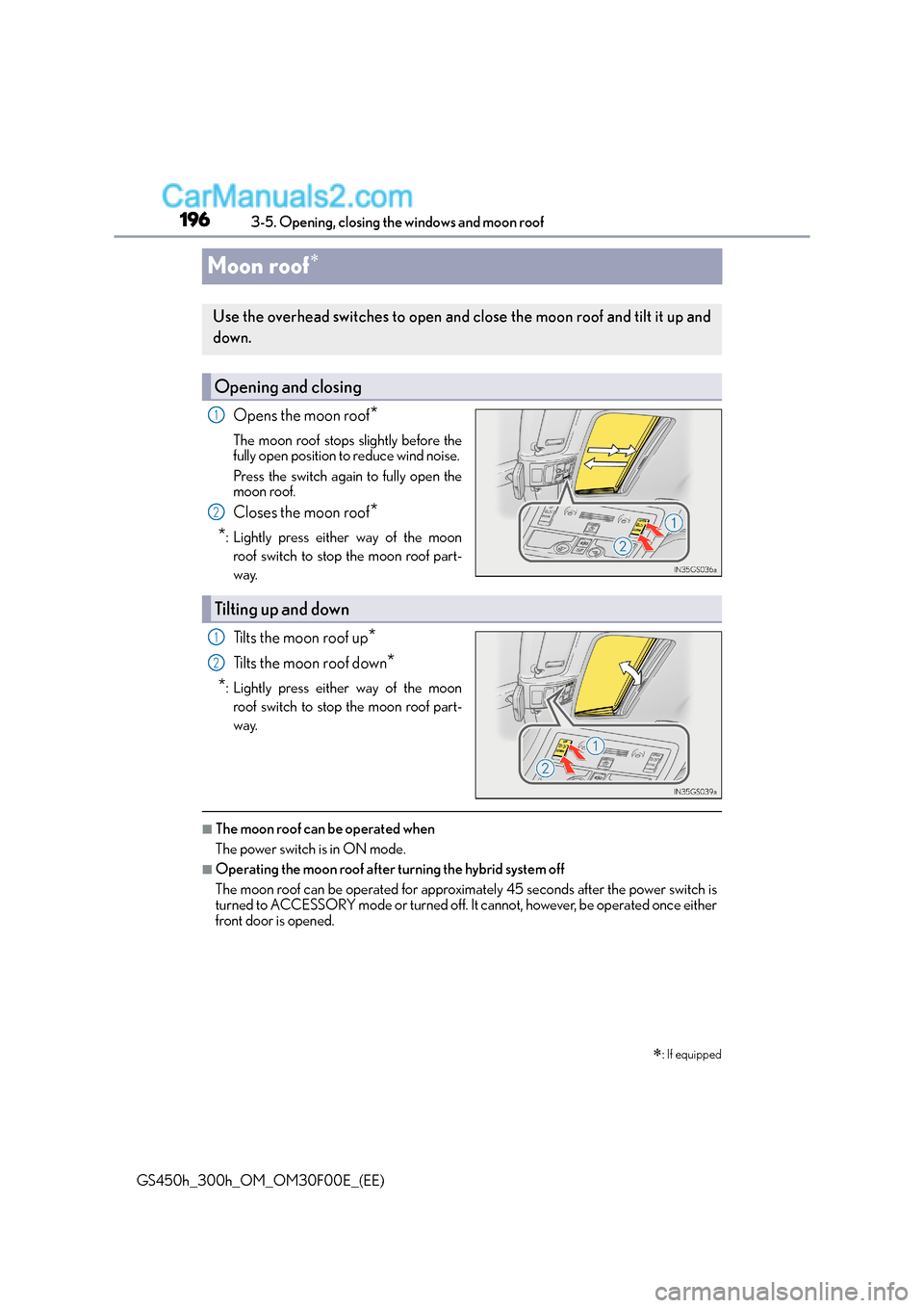 Lexus GS300h 2015  Owners Manual 1963-5. Opening, closing the windows and moon roof
GS450h_300h_OM_OM30F00E_(EE)
Moon roof∗
Opens the moon roof*
The moon roof stops slightly before the
fully open position to reduce wind noise. 
Pre