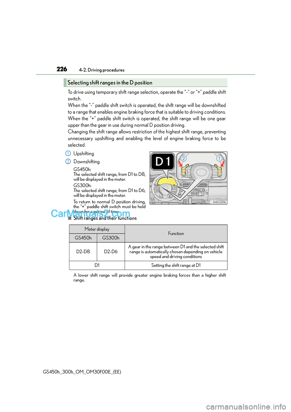 Lexus GS300h 2015 Owners Manual 2264-2. Driving procedures
GS450h_300h_OM_OM30F00E_(EE)
To drive using temporary shift range selection, operate the “-” or “+” paddle shift
switch.
When the “-” paddle shift switch is ope Lexus GS300h 2015 Owners Manual 2264-2. Driving procedures
GS450h_300h_OM_OM30F00E_(EE)
To drive using temporary shift range selection, operate the “-” or “+” paddle shift
switch.
When the “-” paddle shift switch is ope