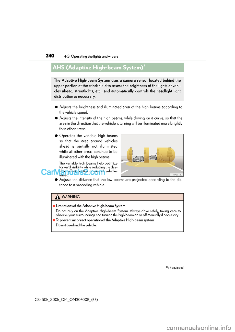 Lexus GS300h 2015  Owners Manual 2404-3. Operating the lights and wipers
GS450h_300h_OM_OM30F00E_(EE)
AHS (Adaptive High-beam System)∗
●Adjusts the brightness and illuminated area of the high beams according to
the vehicle speed.