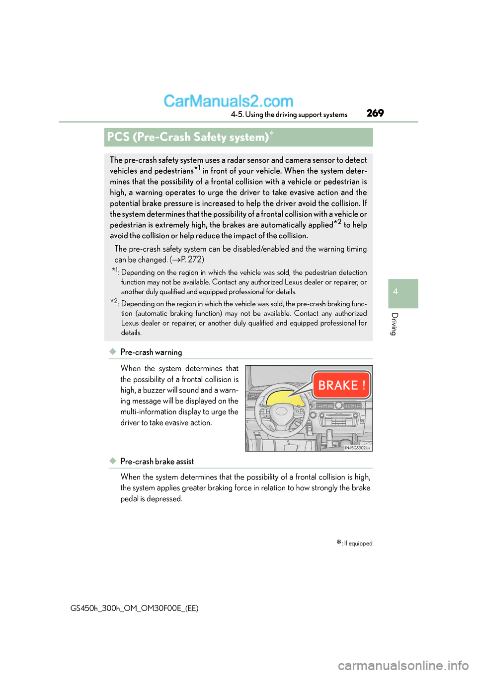 Lexus GS300h 2015 Owners Guide 269
4
4-5. Using the driving support systems
Driving
GS450h_300h_OM_OM30F00E_(EE)
PCS (Pre-Crash Safety system)∗
◆Pre-crash warning
When the system determines that
the possibility of a frontal col Lexus GS300h 2015 Owners Guide 269
4
4-5. Using the driving support systems
Driving
GS450h_300h_OM_OM30F00E_(EE)
PCS (Pre-Crash Safety system)∗
◆Pre-crash warning
When the system determines that
the possibility of a frontal col