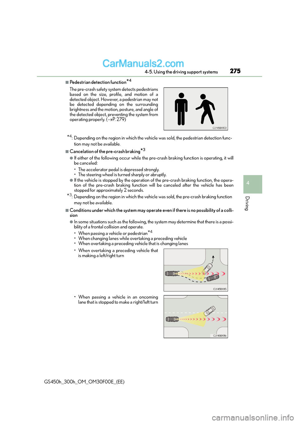 Lexus GS300h 2015  Owners Manual 2754-5. Using the driving support systems
4
Driving
GS450h_300h_OM_OM30F00E_(EE)
■Pedestrian detection function*4
*4: Depending on the region in which the vehicle was sold, the pedestrian detection 
