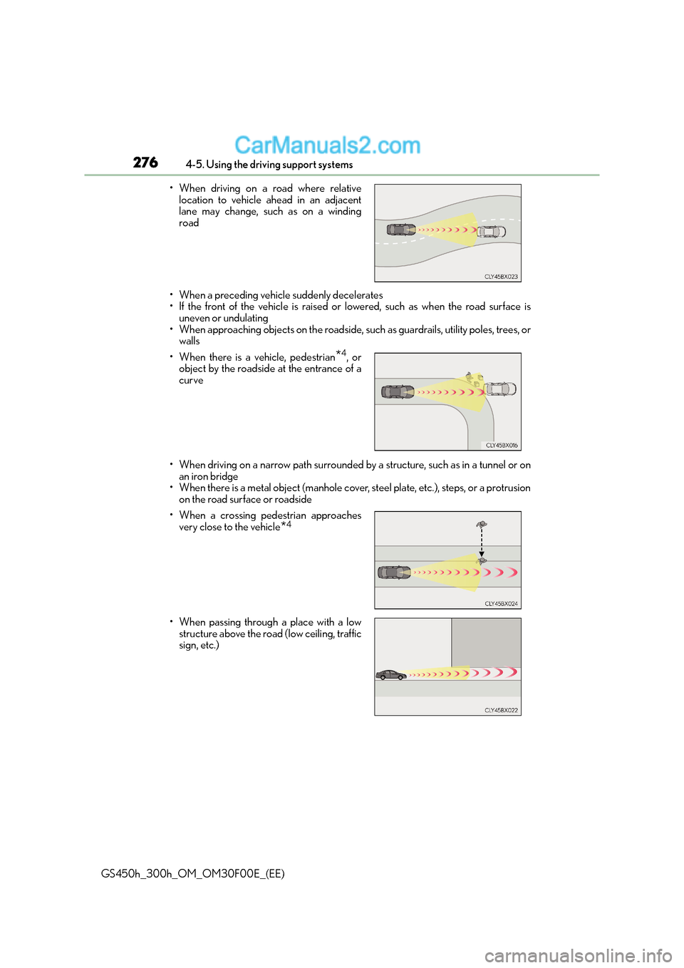 Lexus GS300h 2015  Owners Manual 2764-5. Using the driving support systems
GS450h_300h_OM_OM30F00E_(EE)• When a preceding vehicle suddenly decelerates
• If the front of the vehicle is raised or lowered, such as when the road surf