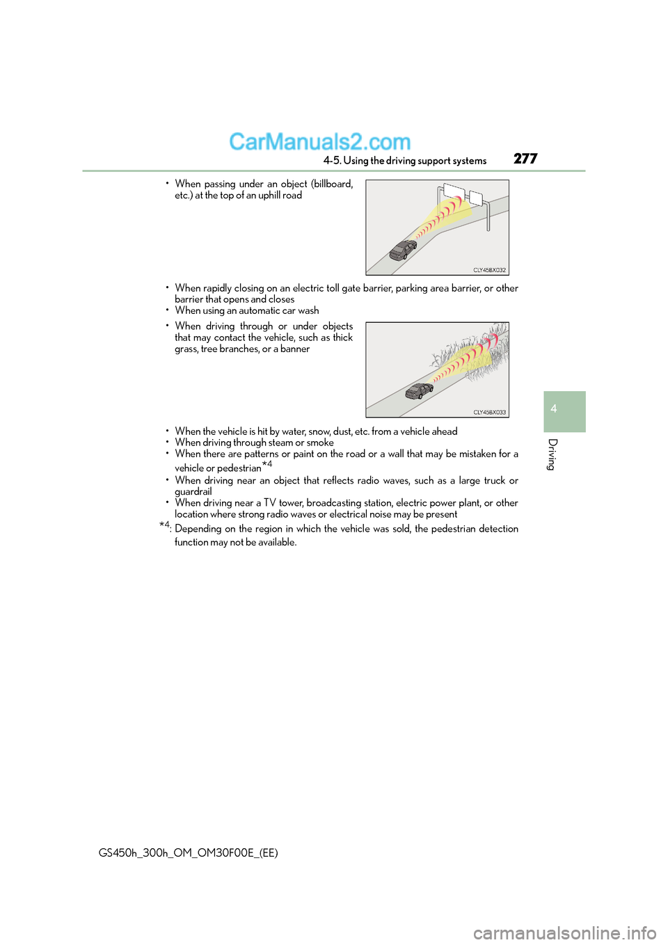 Lexus GS300h 2015  Owners Manual 2774-5. Using the driving support systems
4
Driving
GS450h_300h_OM_OM30F00E_(EE)• When rapidly closing on an electric toll gate barrier, parking area barrier, or other
barrier that opens and closes
