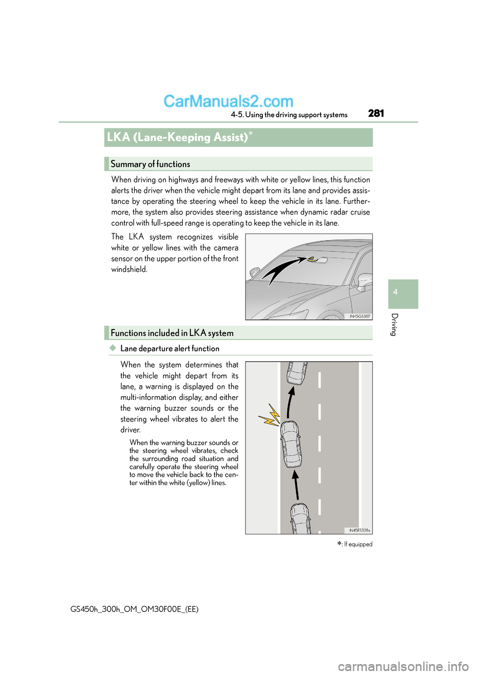 Lexus GS300h 2015 Owners Guide 281
4
4-5. Using the driving support systems
Driving
GS450h_300h_OM_OM30F00E_(EE)
LKA (Lane-Keeping Assist)∗
When driving on highways and freeways with white or yellow lines, this function
alerts th Lexus GS300h 2015 Owners Guide 281
4
4-5. Using the driving support systems
Driving
GS450h_300h_OM_OM30F00E_(EE)
LKA (Lane-Keeping Assist)∗
When driving on highways and freeways with white or yellow lines, this function
alerts th