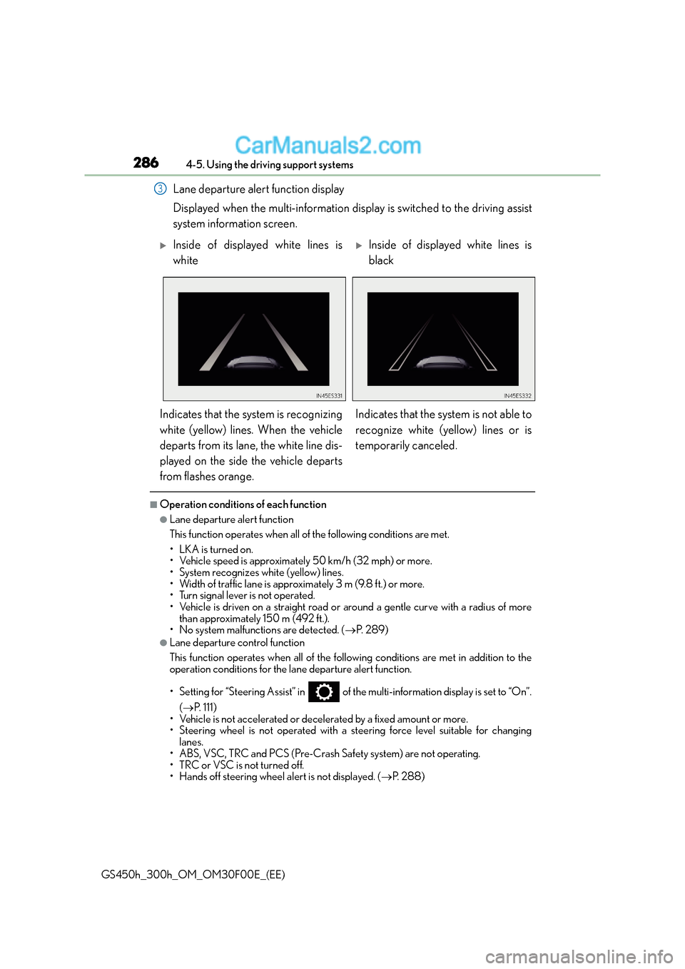 Lexus GS300h 2015 Owners Manual 2864-5. Using the driving support systems
GS450h_300h_OM_OM30F00E_(EE)
Lane departure alert function display
Displayed when the multi-information display is switched to the driving assist
system infor Lexus GS300h 2015 Owners Manual 2864-5. Using the driving support systems
GS450h_300h_OM_OM30F00E_(EE)
Lane departure alert function display
Displayed when the multi-information display is switched to the driving assist
system infor