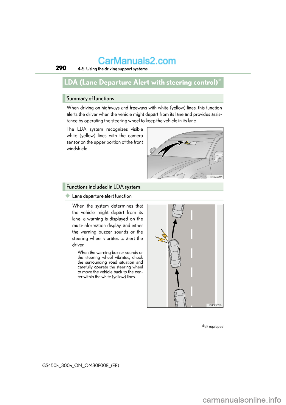 Lexus GS300h 2015 Owners Guide 2904-5. Using the driving support systems
GS450h_300h_OM_OM30F00E_(EE)
LDA (Lane Departure Alert with steering control)∗
When driving on highways and freeways with white (yellow) lines, this functio Lexus GS300h 2015 Owners Guide 2904-5. Using the driving support systems
GS450h_300h_OM_OM30F00E_(EE)
LDA (Lane Departure Alert with steering control)∗
When driving on highways and freeways with white (yellow) lines, this functio