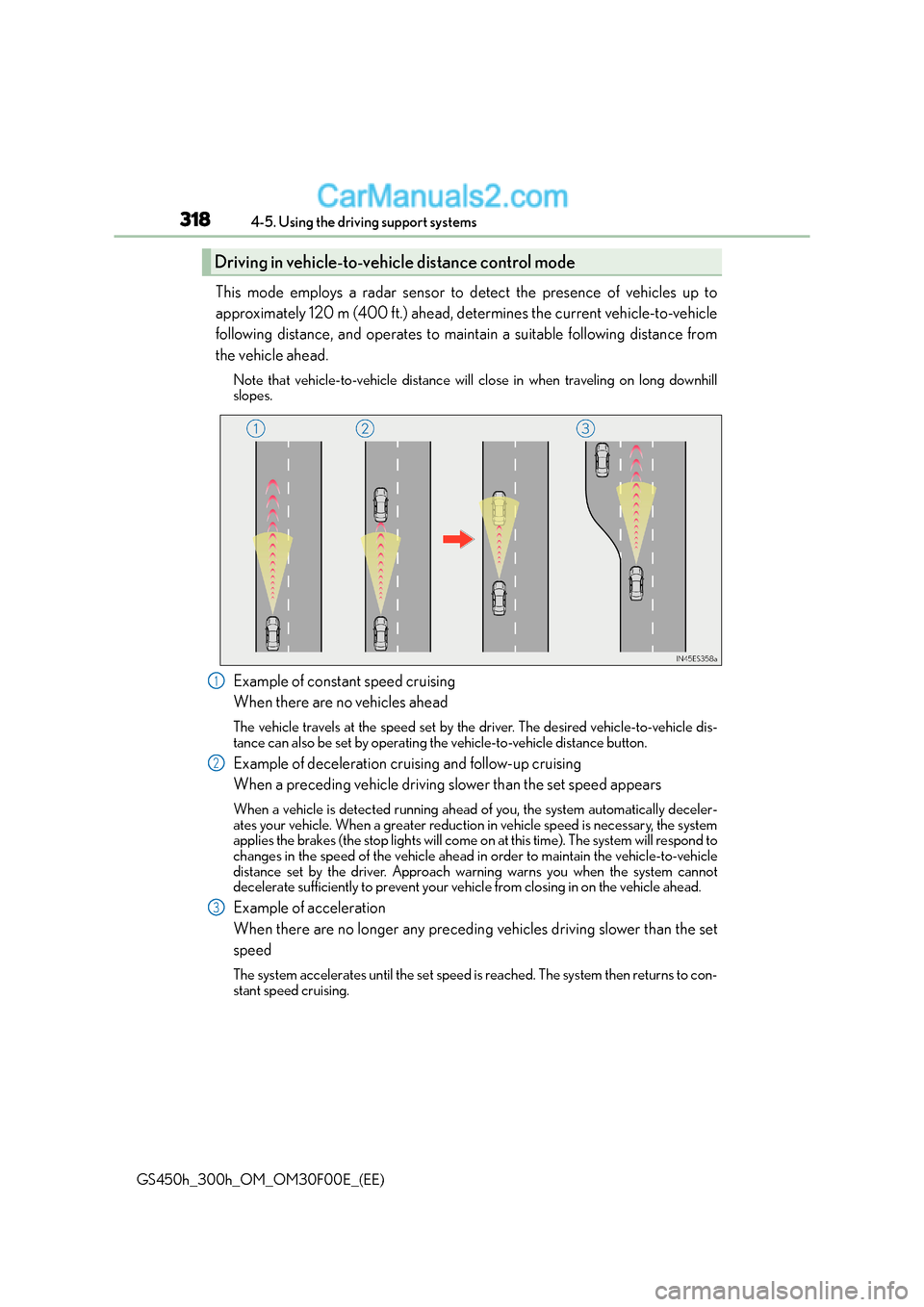 Lexus GS300h 2015 Workshop Manual 3184-5. Using the driving support systems
GS450h_300h_OM_OM30F00E_(EE)
This mode employs a radar sensor to detect the presence of vehicles up to
approximately 120 m (400 ft.) ahead, determines the cur Lexus GS300h 2015 Workshop Manual 3184-5. Using the driving support systems
GS450h_300h_OM_OM30F00E_(EE)
This mode employs a radar sensor to detect the presence of vehicles up to
approximately 120 m (400 ft.) ahead, determines the cur