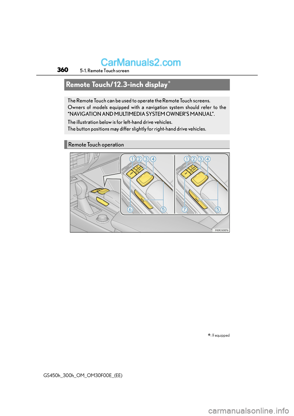 Lexus GS300h 2015 Owners Manual 3605-1. Remote Touch screen
GS450h_300h_OM_OM30F00E_(EE)
Remote Touch/12.3-inch display∗ ∗
: If equipped
The Remote Touch can be used to operate the Remote Touch screens.
Owners of models equippe Lexus GS300h 2015 Owners Manual 3605-1. Remote Touch screen
GS450h_300h_OM_OM30F00E_(EE)
Remote Touch/12.3-inch display∗ ∗
: If equipped
The Remote Touch can be used to operate the Remote Touch screens.
Owners of models equippe