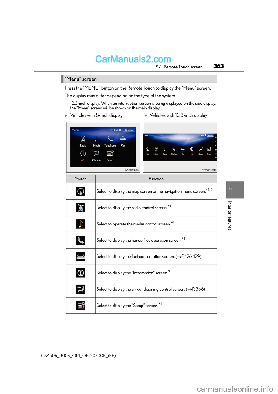 Lexus GS300h 2015 Owners Manual 3635-1. Remote Touch screen
5
Interior features
GS450h_300h_OM_OM30F00E_(EE)
Press the “MENU” button on the Remote Touch to display the “Menu” screen.
The display may differ depending on the t Lexus GS300h 2015 Owners Manual 3635-1. Remote Touch screen
5
Interior features
GS450h_300h_OM_OM30F00E_(EE)
Press the “MENU” button on the Remote Touch to display the “Menu” screen.
The display may differ depending on the t