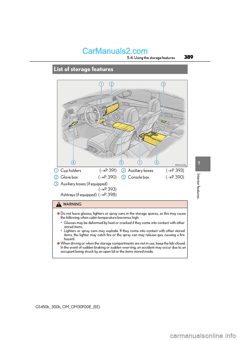 Lexus GS300h 2015 Owners Manual 389
5
5-4. Using the storage features
Interior features
GS450h_300h_OM_OM30F00E_(EE)
List of storage features
Cup holders (
→P. 3 9 1 )
Glove box ( →P. 3 9 0 )
Auxiliary boxes (if equipped) ( Lexus GS300h 2015 Owners Manual 389
5
5-4. Using the storage features
Interior features
GS450h_300h_OM_OM30F00E_(EE)
List of storage features
Cup holders (
→P. 3 9 1 )
Glove box ( →P. 3 9 0 )
Auxiliary boxes (if equipped) (