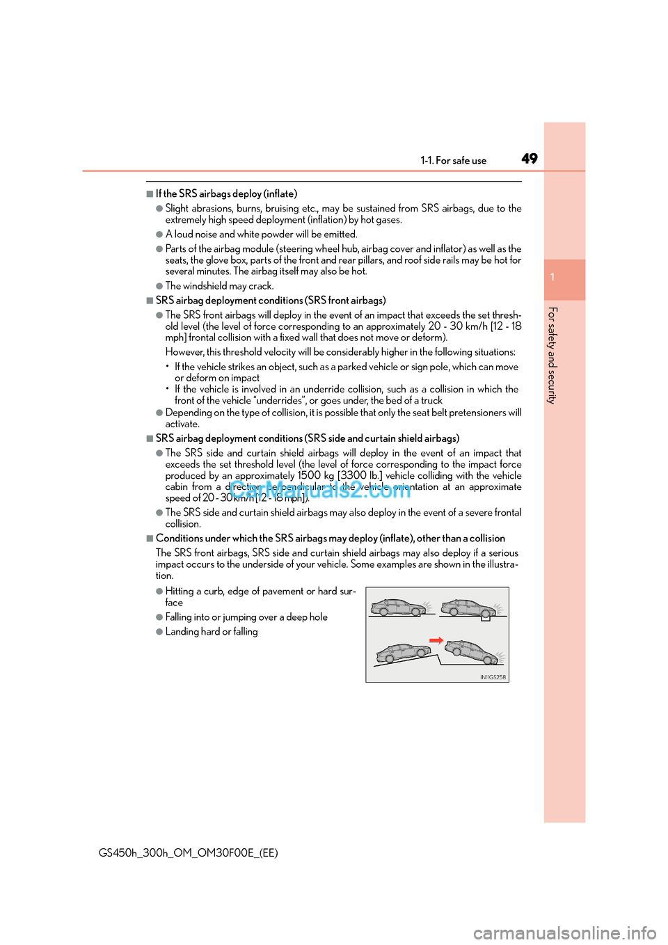 Lexus GS300h 2015 Service Manual 491-1. For safe use
1
For safety and security
GS450h_300h_OM_OM30F00E_(EE)
■If the SRS airbags deploy (inflate)
●Slight abrasions, burns, bruising etc., may be sustained from SRS airbags, due to t