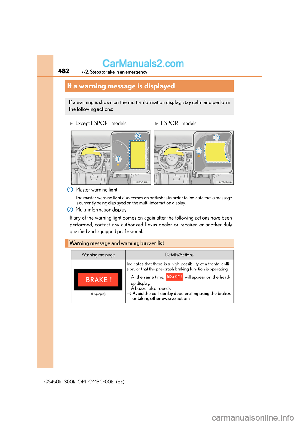 Lexus GS300h 2015 Owners Manual 4827-2. Steps to take in an emergency
GS450h_300h_OM_OM30F00E_(EE)
If a warning message is displayed
Master warning light
The master warning light also comes on or flashes in order to indicate that a Lexus GS300h 2015 Owners Manual 4827-2. Steps to take in an emergency
GS450h_300h_OM_OM30F00E_(EE)
If a warning message is displayed
Master warning light
The master warning light also comes on or flashes in order to indicate that a