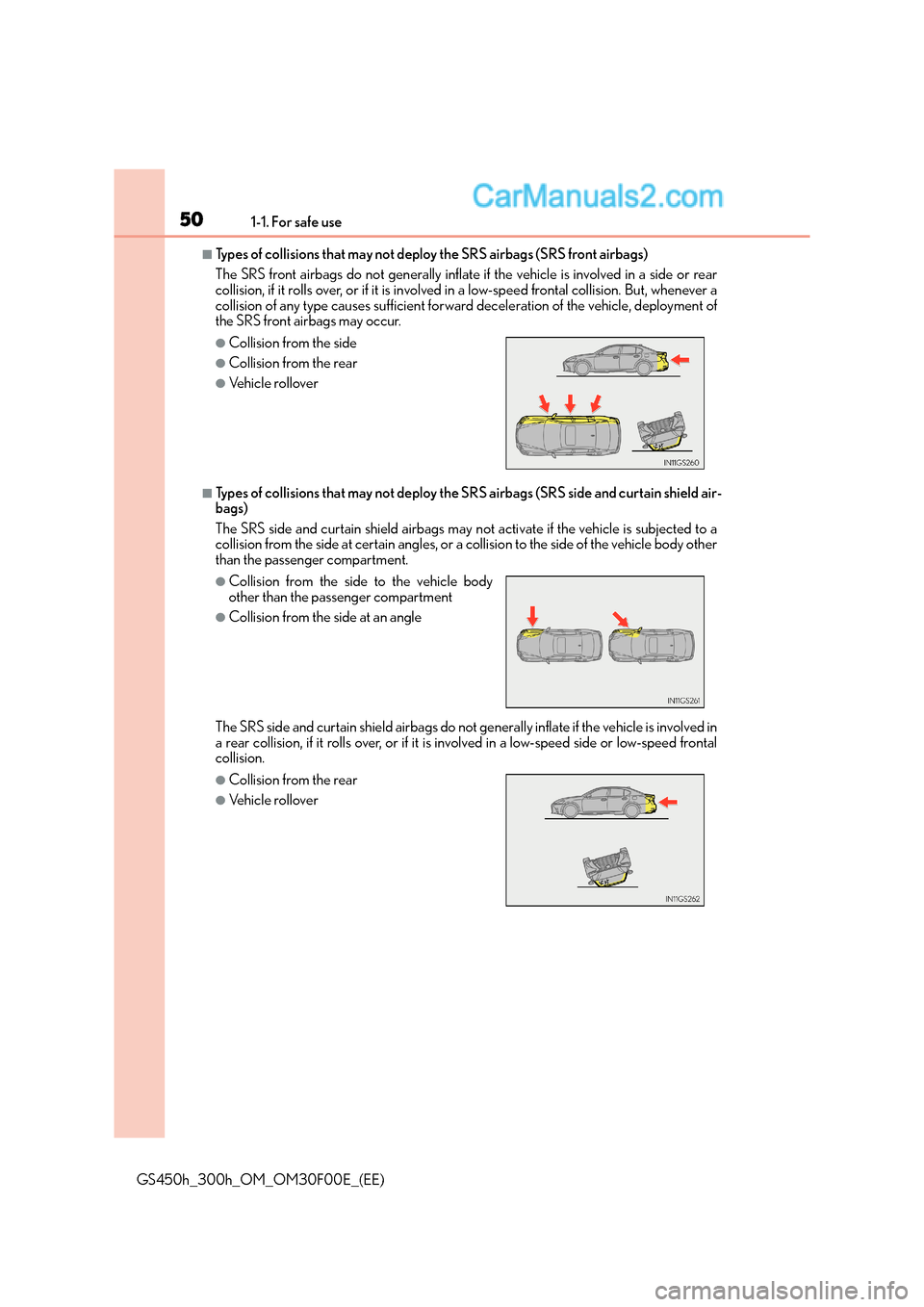 Lexus GS300h 2015 Service Manual 501-1. For safe use
GS450h_300h_OM_OM30F00E_(EE)
■Types of collisions that may not deploy the SRS airbags (SRS front airbags)
The SRS front airbags do not generally inflate if the vehicle is involve