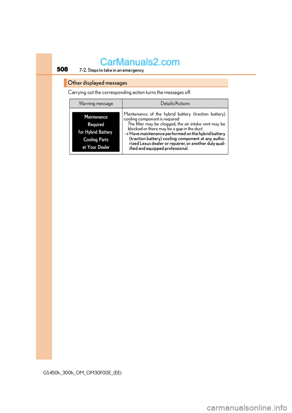 Lexus GS300h 2015 Owners Manual 5087-2. Steps to take in an emergency
GS450h_300h_OM_OM30F00E_(EE)
Carrying out the corresponding action turns the messages off.
Other displayed messages
Wa r n i n g m e s s a g eDetails/Actions
Mai Lexus GS300h 2015 Owners Manual 5087-2. Steps to take in an emergency
GS450h_300h_OM_OM30F00E_(EE)
Carrying out the corresponding action turns the messages off.
Other displayed messages
Wa r n i n g m e s s a g eDetails/Actions
Mai