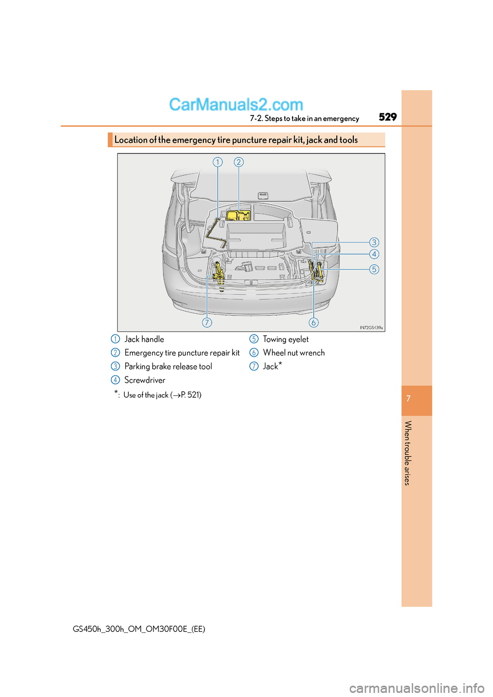 Lexus GS300h 2015 Owners Manual 5297-2. Steps to take in an emergency
7
When trouble arises
GS450h_300h_OM_OM30F00E_(EE)
*: Use of the jack (→P. 5 2 1 )
Location of the emergency tire puncture repair kit, jack and tools
Jack ha Lexus GS300h 2015 Owners Manual 5297-2. Steps to take in an emergency
7
When trouble arises
GS450h_300h_OM_OM30F00E_(EE)
*: Use of the jack (→P. 5 2 1 )
Location of the emergency tire puncture repair kit, jack and tools
Jack ha