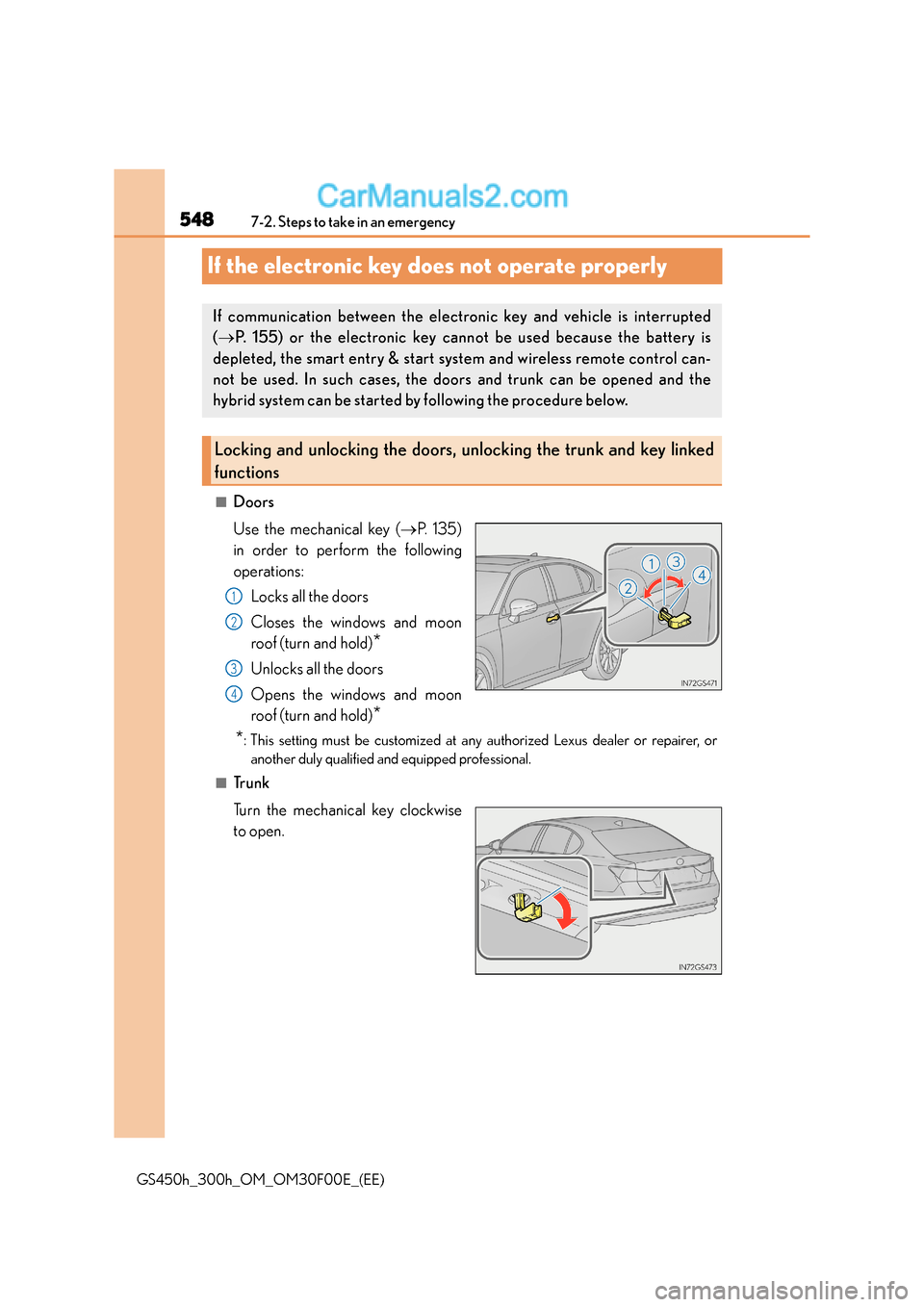 Lexus GS300h 2015 Owners Manual 5487-2. Steps to take in an emergency
GS450h_300h_OM_OM30F00E_(EE)
If the electronic key does not operate properly
■Doors
Use the mechanical key ( →P. 1 3 5 )
in order to perform the following
op Lexus GS300h 2015 Owners Manual 5487-2. Steps to take in an emergency
GS450h_300h_OM_OM30F00E_(EE)
If the electronic key does not operate properly
■Doors
Use the mechanical key ( →P. 1 3 5 )
in order to perform the following
op
