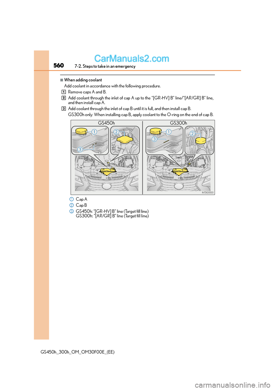 Lexus GS300h 2015  Owners Manual 5607-2. Steps to take in an emergency
GS450h_300h_OM_OM30F00E_(EE)
■When adding coolant
Add coolant in accordance with the following procedure.Remove caps A and B.
Add coolant through the inlet of c