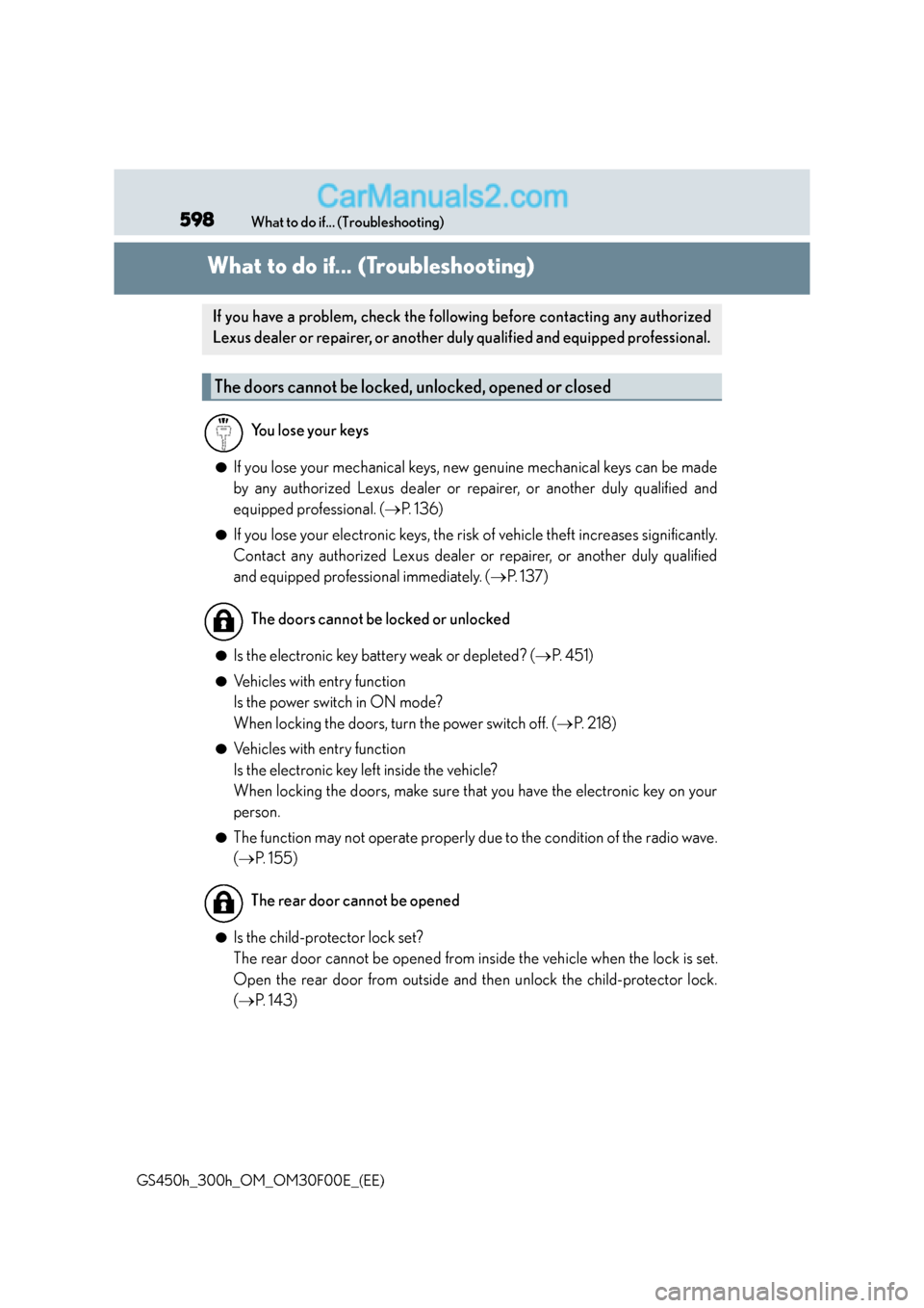 Lexus GS300h 2015 Owners Manual 598What to do if... (Troubleshooting)
GS450h_300h_OM_OM30F00E_(EE)
What to do if... (Troubleshooting)
●If you lose your mechanical keys, new genuine mechanical keys can be made
by any authorized Lex Lexus GS300h 2015 Owners Manual 598What to do if... (Troubleshooting)
GS450h_300h_OM_OM30F00E_(EE)
What to do if... (Troubleshooting)
●If you lose your mechanical keys, new genuine mechanical keys can be made
by any authorized Lex