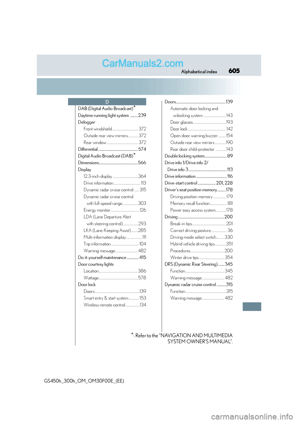 Lexus GS300h 2015  Owners Manual 605Alphabetical index
GS450h_300h_OM_OM30F00E_(EE)
DAB (Digital Audio Broadcast)*
Daytime running light system  ......... 239
DefoggerFront windshield ................................. 372
Outside rea
