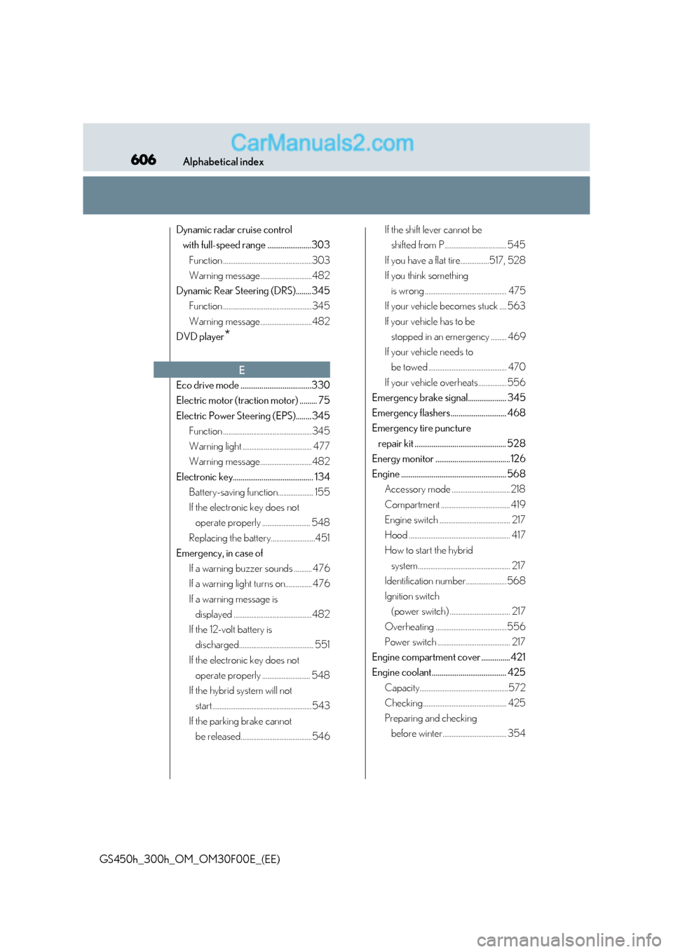 Lexus GS300h 2015  Owners Manual 606Alphabetical index
GS450h_300h_OM_OM30F00E_(EE)
Dynamic radar cruise control with full-speed range .......................303
Function ..................................................303
Warning 
