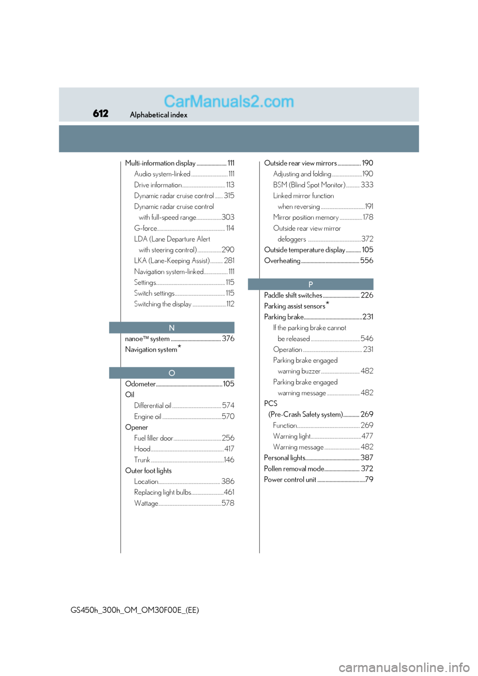 Lexus GS300h 2015  Owners Manual 612Alphabetical index
GS450h_300h_OM_OM30F00E_(EE)
Multi-information display ...................... 111Audio system-linked ............................. 111
Drive information .........................