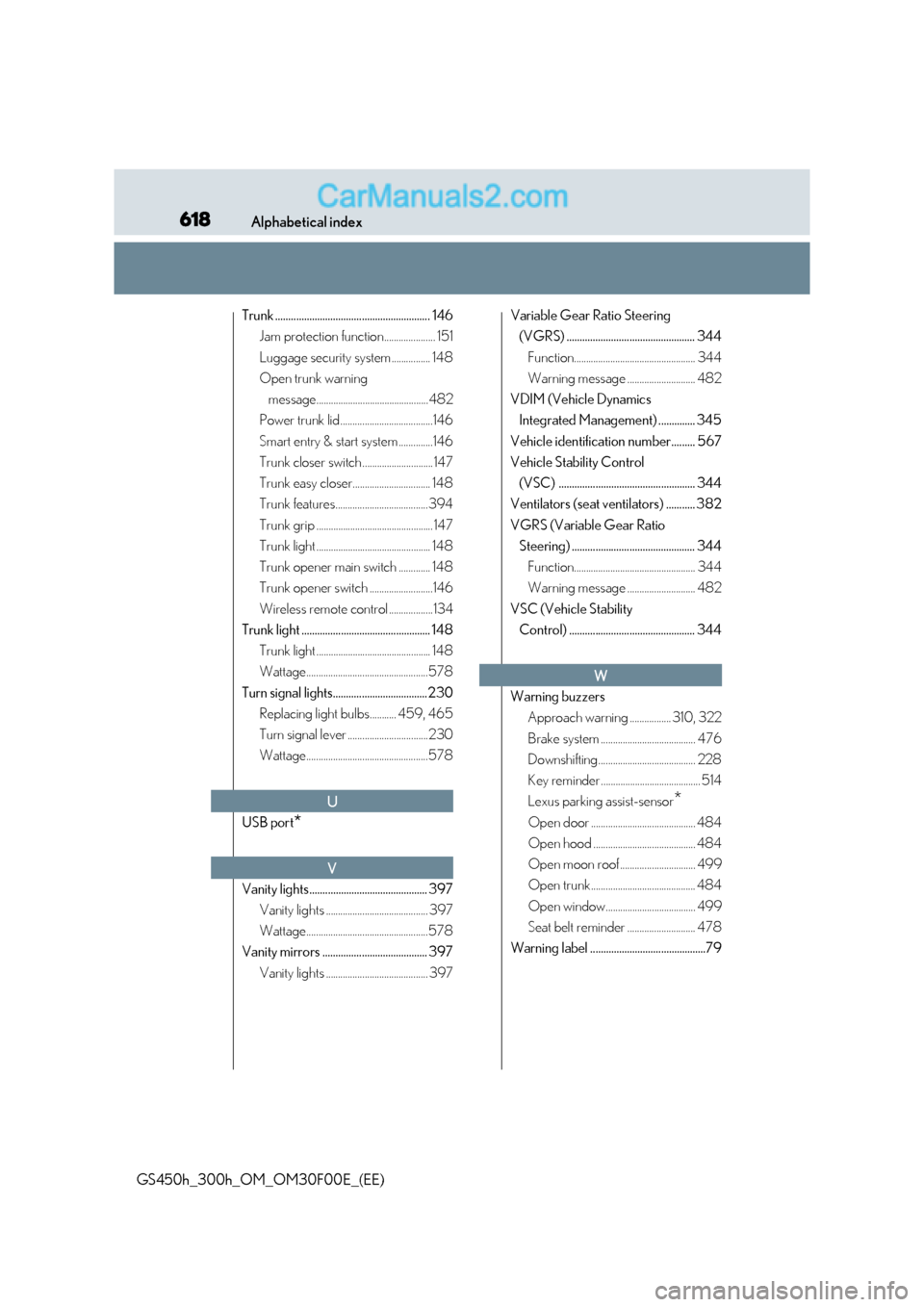 Lexus GS300h 2015  Owners Manual 618Alphabetical index
GS450h_300h_OM_OM30F00E_(EE)
Trunk ........................................................... 146Jam protection function..................... 151
Luggage security system........