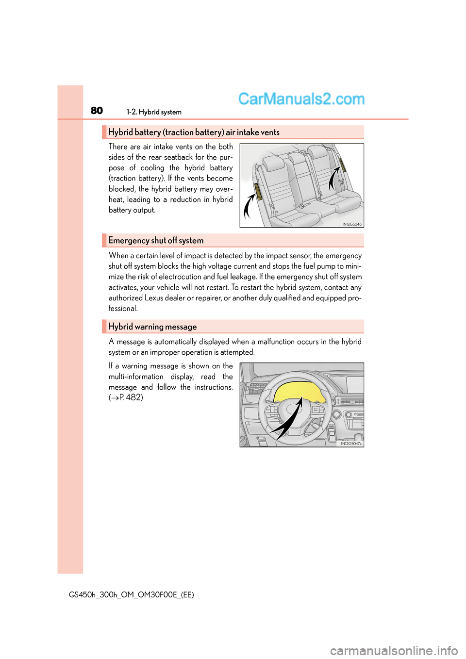 Lexus GS300h 2015  Owners Manual 801-2. Hybrid system
GS450h_300h_OM_OM30F00E_(EE)
There are air intake vents on the both
sides of the rear seatback for the pur-
pose of cooling the hybrid battery
(traction battery). If the vents bec