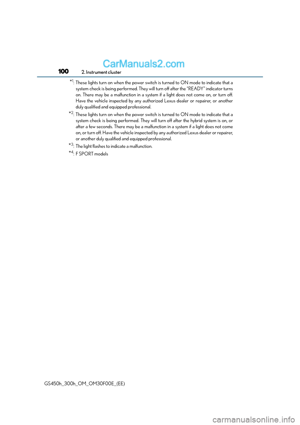 Lexus GS300h 2015 Owners Manual 1002. Instrument cluster
GS450h_300h_OM_OM30F00E_(EE)
*1: These lights turn on when the power switch is turned to ON mode to indicate that asystem check is being performed. They will turn off after th