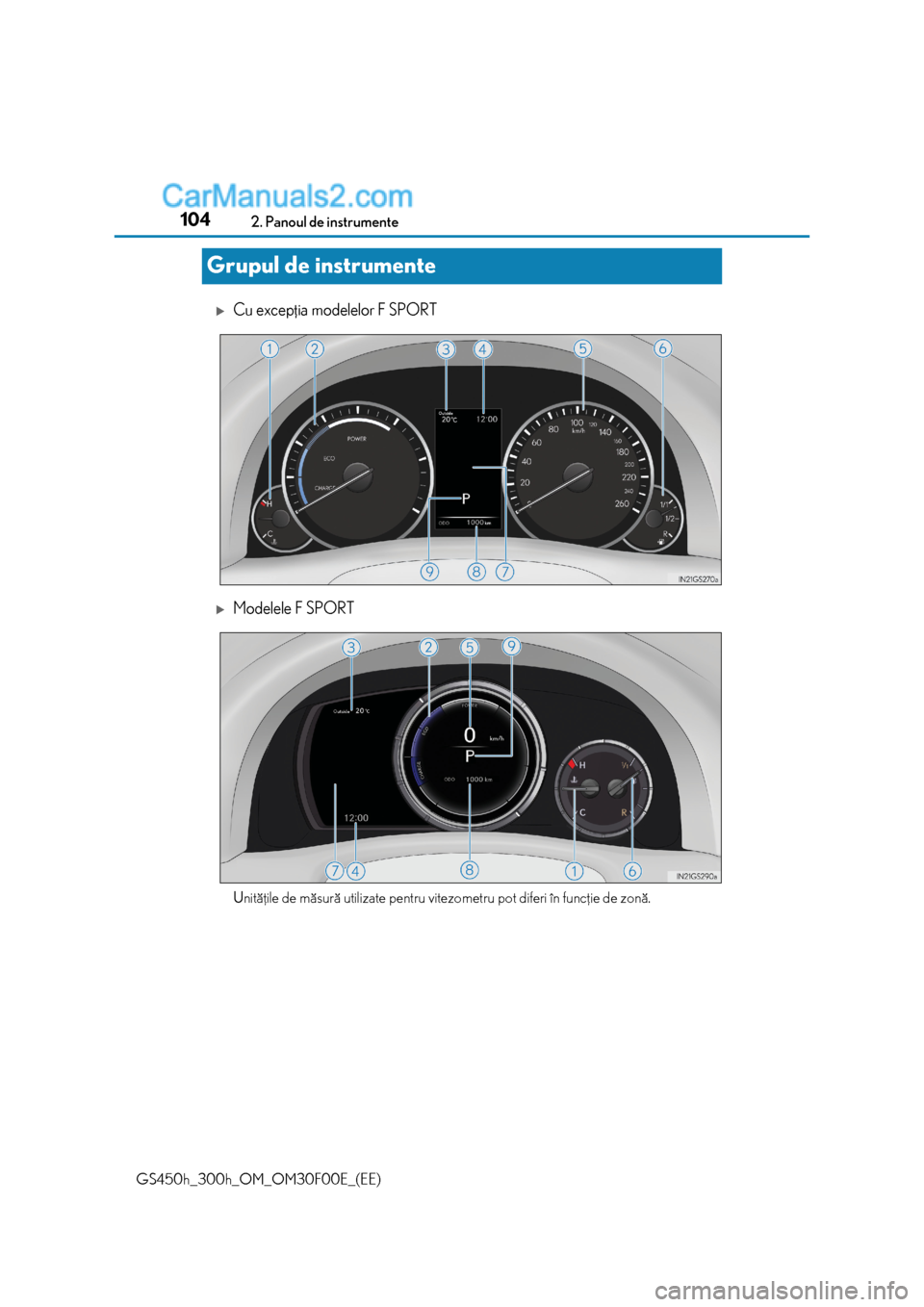 Lexus GS300h 2015 Manualul de utilizare (in Romanian) 1042. Panoul de instrumente
GS450h_300h_OM_OM30F00E_(EE)
Grupul de instrumente
Cu excepþia modelelor F SPORT
Modelele F SPORT
Unitãþile de mãsurã utilizate pentru vitezometru pot diferi în Lexus GS300h 2015 Manualul de utilizare (in Romanian) 1042. Panoul de instrumente
GS450h_300h_OM_OM30F00E_(EE)
Grupul de instrumente
Cu excepþia modelelor F SPORT
Modelele F SPORT
Unitãþile de mãsurã utilizate pentru vitezometru pot diferi în