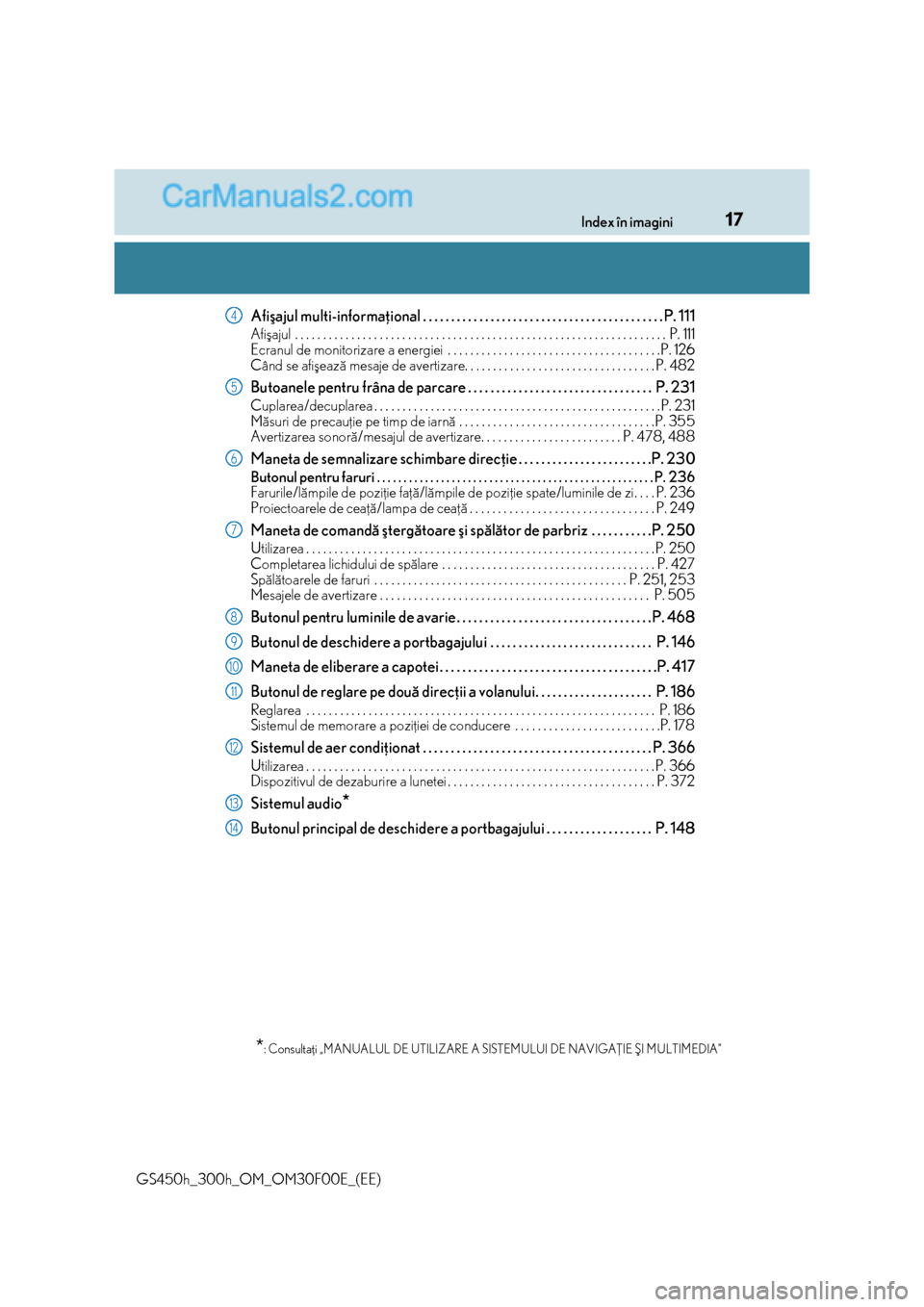 Lexus GS300h 2015  Manualul de utilizare (in Romanian) 17Index în imagini
GS450h_300h_OM_OM30F00E_(EE)
Afiºajul multi-informaþional . . . . . . . . . . . . . . . . . . . . . . . . . . . . . . . . . . . . . . . . . . . P. 111
Afiºajul  . . . . . . . . 