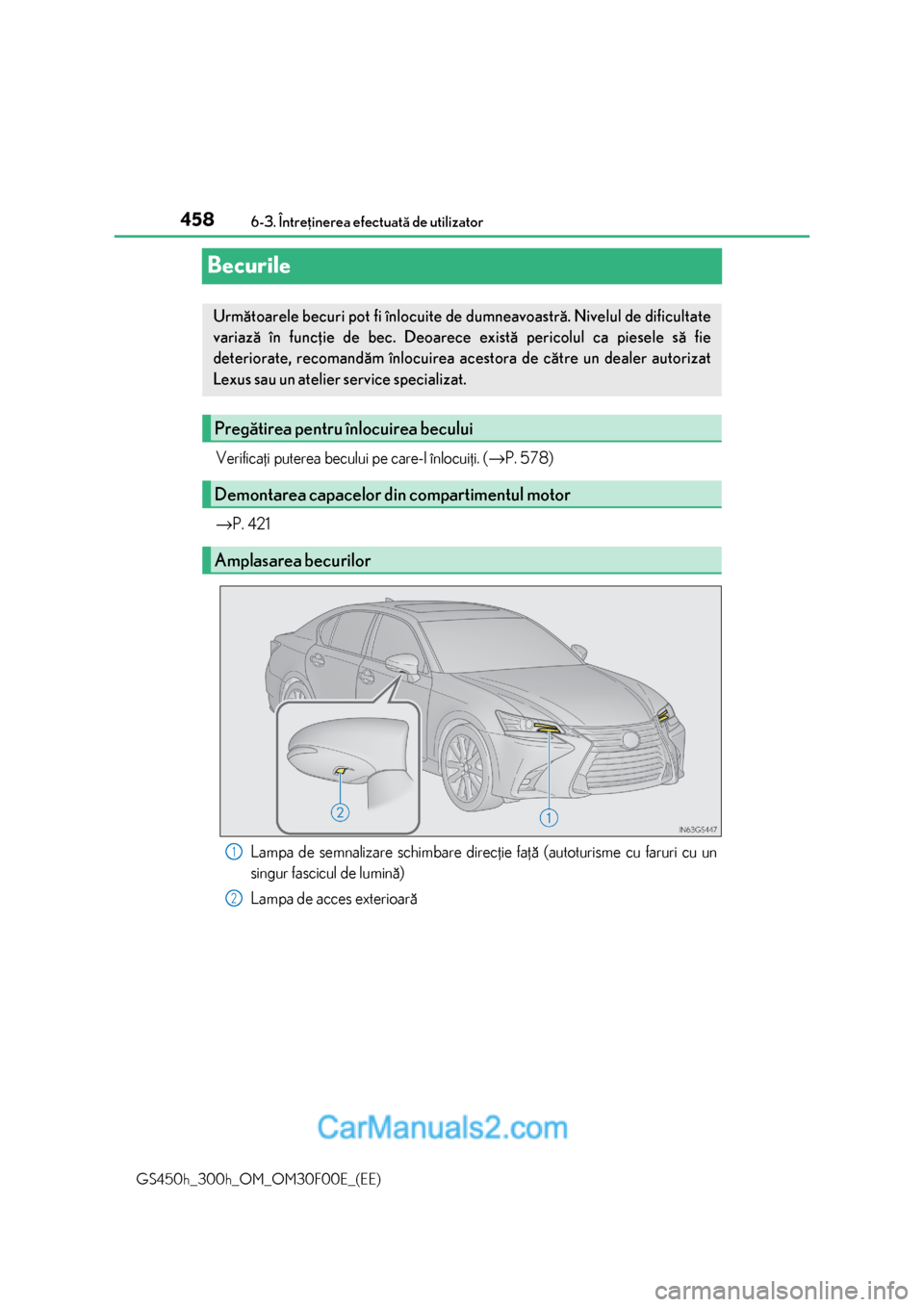 Lexus GS300h 2015 Manualul de utilizare (in Romanian) 4586-3. Întreþinerea efectuatã de utilizator
GS450h_300h_OM_OM30F00E_(EE)
Becurile
Verificaþi puterea becului pe care-l înlocuiþi. (→P. 578)
→P. 421
Lampa de semnalizare schimbare direcþie Lexus GS300h 2015 Manualul de utilizare (in Romanian) 4586-3. Întreþinerea efectuatã de utilizator
GS450h_300h_OM_OM30F00E_(EE)
Becurile
Verificaþi puterea becului pe care-l înlocuiþi. (→P. 578)
→P. 421
Lampa de semnalizare schimbare direcþie