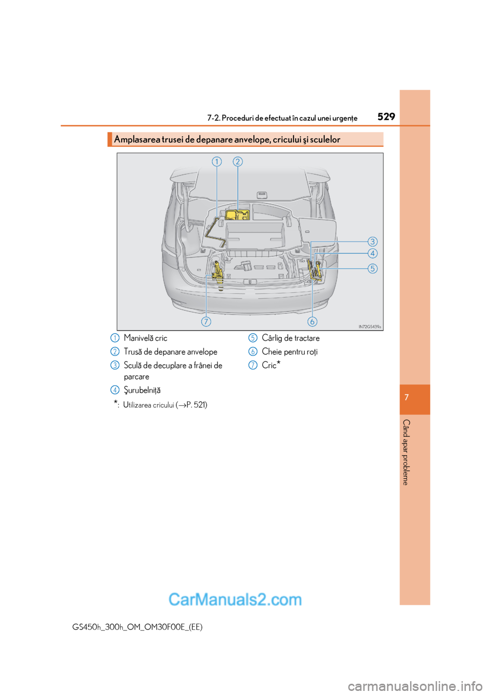 Lexus GS300h 2015 Manualul de utilizare (in Romanian) 5297-2. Proceduri de efectuat în cazul unei urgenþe
7
Când apar probleme
GS450h_300h_OM_OM30F00E_(EE)
*: Utilizarea cricului (→P. 521)
Amplasarea trusei de depanare anvelope, cricului ºi sculel Lexus GS300h 2015 Manualul de utilizare (in Romanian) 5297-2. Proceduri de efectuat în cazul unei urgenþe
7
Când apar probleme
GS450h_300h_OM_OM30F00E_(EE)
*: Utilizarea cricului (→P. 521)
Amplasarea trusei de depanare anvelope, cricului ºi sculel