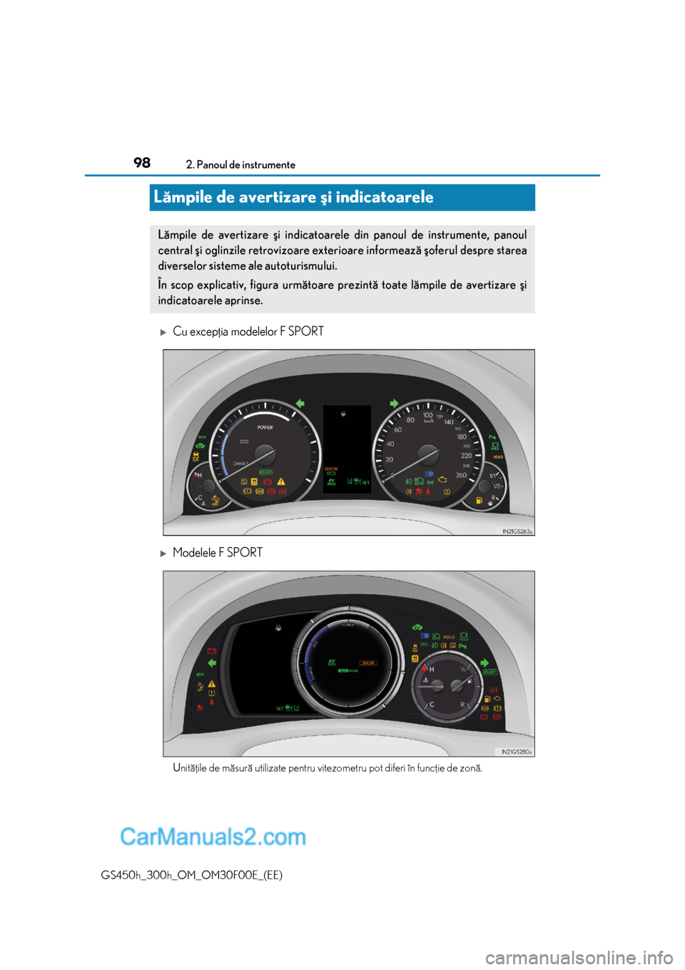 Lexus GS300h 2015 Manualul de utilizare (in Romanian) 982. Panoul de instrumente
GS450h_300h_OM_OM30F00E_(EE)
Lãmpile de avertizare ºi indicatoarele
Cu excepþia modelelor F SPORT
Modelele F SPORT
Unitãþile de mãsurã utilizate pentru vitezome Lexus GS300h 2015 Manualul de utilizare (in Romanian) 982. Panoul de instrumente
GS450h_300h_OM_OM30F00E_(EE)
Lãmpile de avertizare ºi indicatoarele
Cu excepþia modelelor F SPORT
Modelele F SPORT
Unitãþile de mãsurã utilizate pentru vitezome