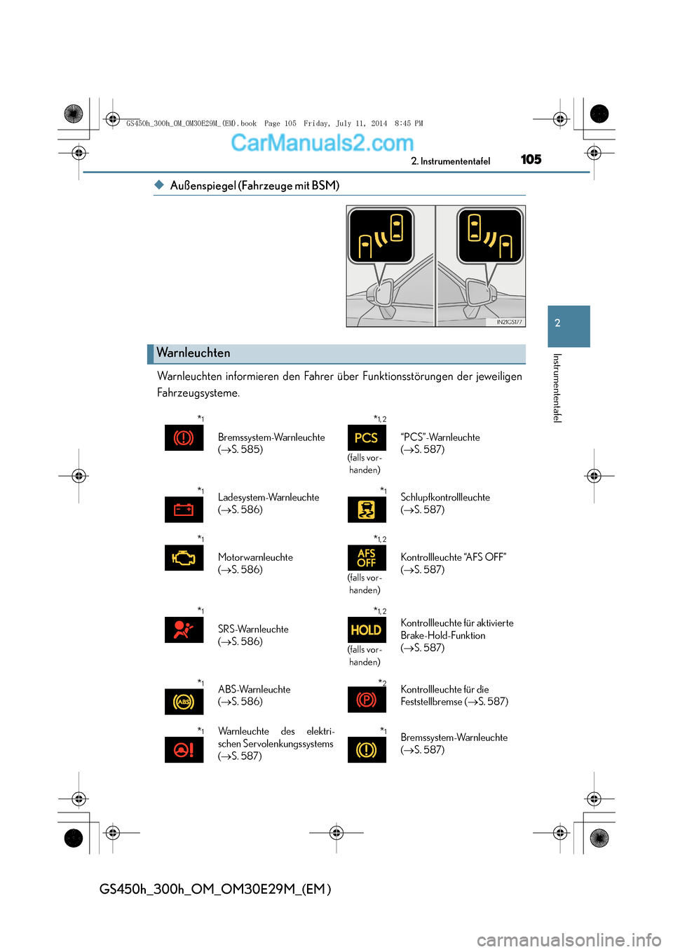 Lexus GS300h 2014  Betriebsanleitung (in German) 1052. Instrumententafel
2
Instrumententafel
GS450h_300h_OM_OM30E29M_(EM )
◆Außenspiegel (Fahrzeuge mit BSM)
Warnleuchten informieren den Fahrer über Funktionsstörungen der jeweiligen
Fahrzeugsyst