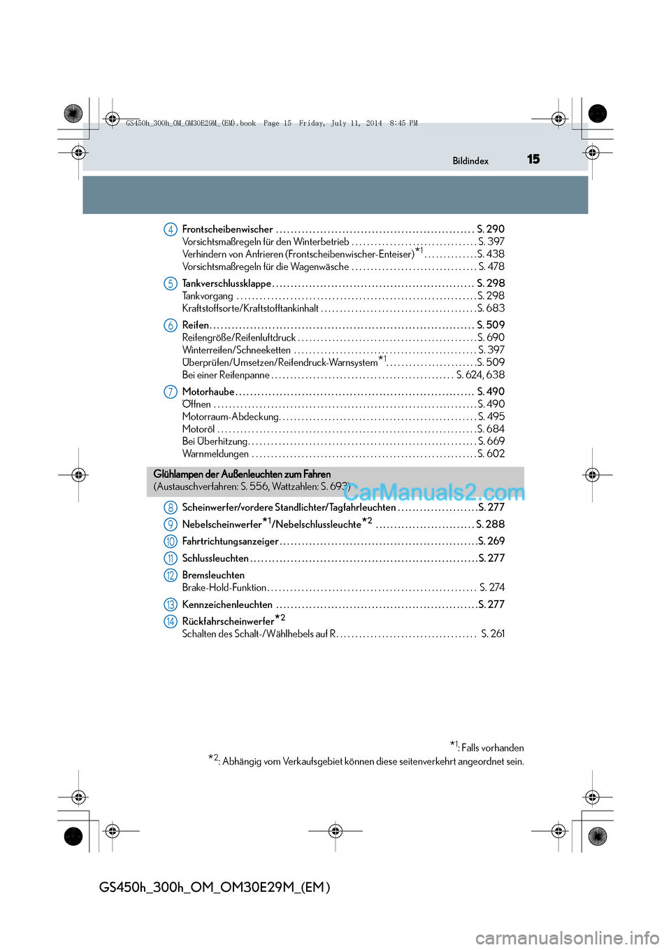 Lexus GS300h 2014  Betriebsanleitung (in German) 15Bildindex
GS450h_300h_OM_OM30E29M_(EM )
Frontscheibenwischer  . . . . . . . . . . . . . . . . . . . . . . . . . . . . . . . . . . . . . . . . . . . . . . . . . . . . . . S. 290
Vorsichtsmaßregeln f