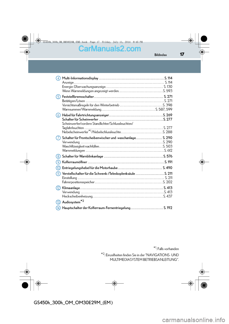 Lexus GS300h 2014  Betriebsanleitung (in German) 17Bildindex
GS450h_300h_OM_OM30E29M_(EM )
Multi-Informationsdisplay  . . . . . . . . . . . . . . . . . . . . . . . . . . . . . . . . . . . . . . . . . . . . . . . . . . . .S. 114
Anzeige . . . . . . .