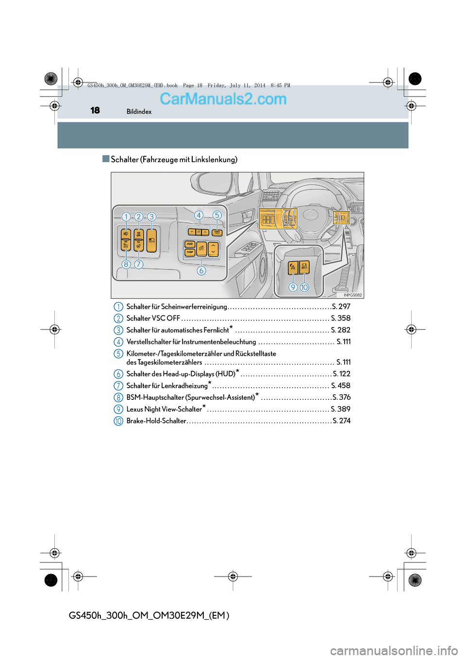 Lexus GS300h 2014  Betriebsanleitung (in German) 18Bildindex
GS450h_300h_OM_OM30E29M_(EM )
■Schalter (Fahrzeuge mit Linkslenkung)
Schalter für Scheinwerferreinigung . . . . . . . . . . . . . . . . . . . . . . . . . . . . . . . . . . . . . . . . .