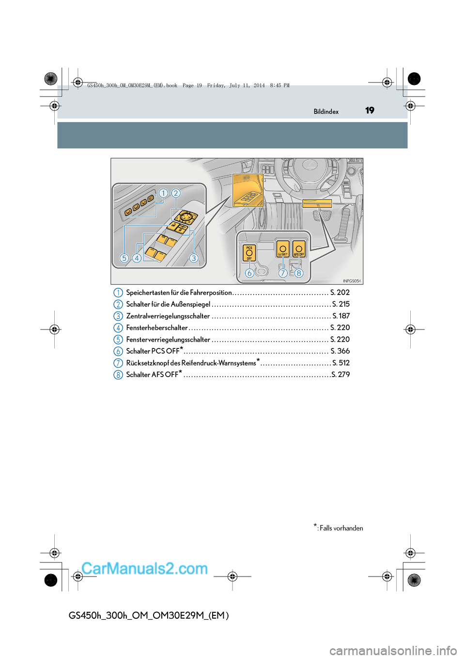 Lexus GS300h 2014  Betriebsanleitung (in German) 19Bildindex
GS450h_300h_OM_OM30E29M_(EM )
Speichertasten für die Fahrerposition . . . . . . . . . . . . . . . . . . . . . . . . . . . . . . . . . . . . . .  S. 202
Schalter für die Außenspiegel . .