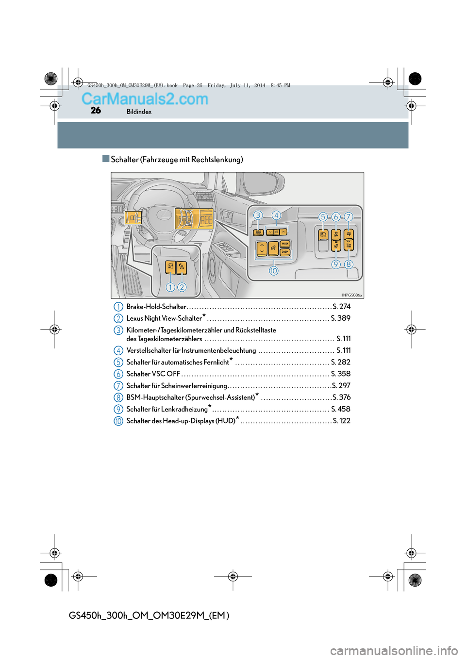 Lexus GS300h 2014  Betriebsanleitung (in German) 26Bildindex
GS450h_300h_OM_OM30E29M_(EM )
■Schalter (Fahrzeuge mit Rechtslenkung)
Brake-Hold-Schalter . . . . . . . . . . . . . . . . . . . . . . . . . . . . . . . . . . . . . . . . . . . . . . . . 